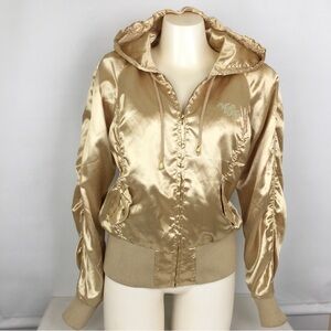 Vintage Y2K Bomber Jacket Gold Metallic Satin Lightweight Hoodie Women’s Size XL